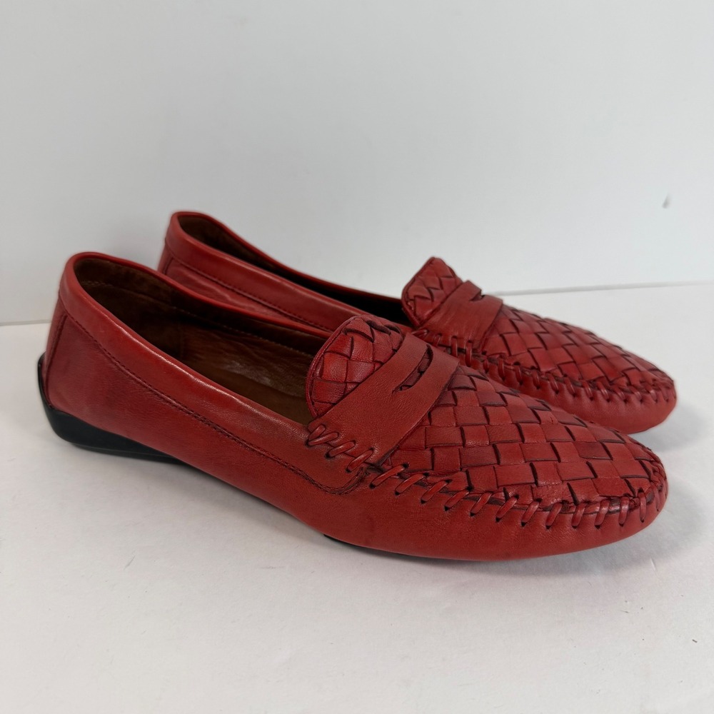Robert Zur Red Woven Leather Driving Loafers 7.5 Italy Quiet Luxury Preppy - Picture 1 of 9